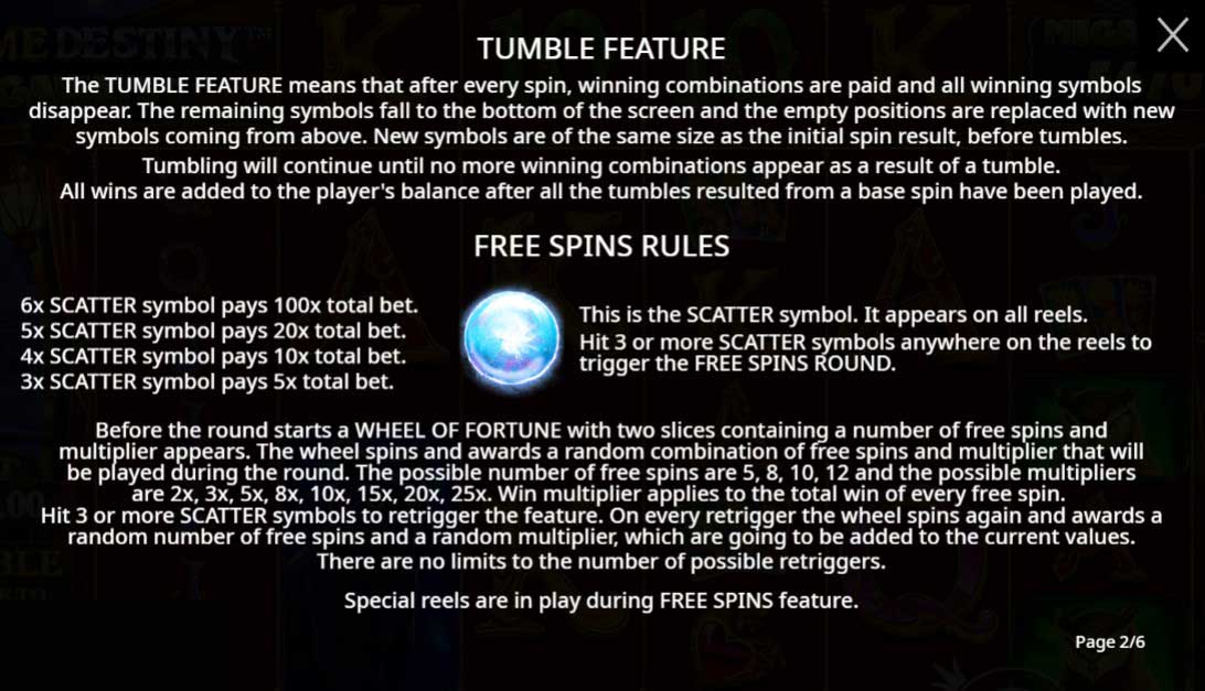 Madame Destiny Megaways slot game tumble feature and free spins rules