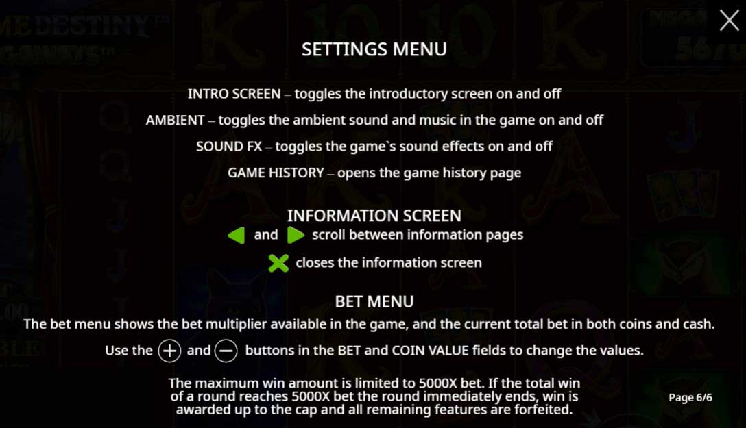 Madame Destiny Megaways slot game settings and bet menu